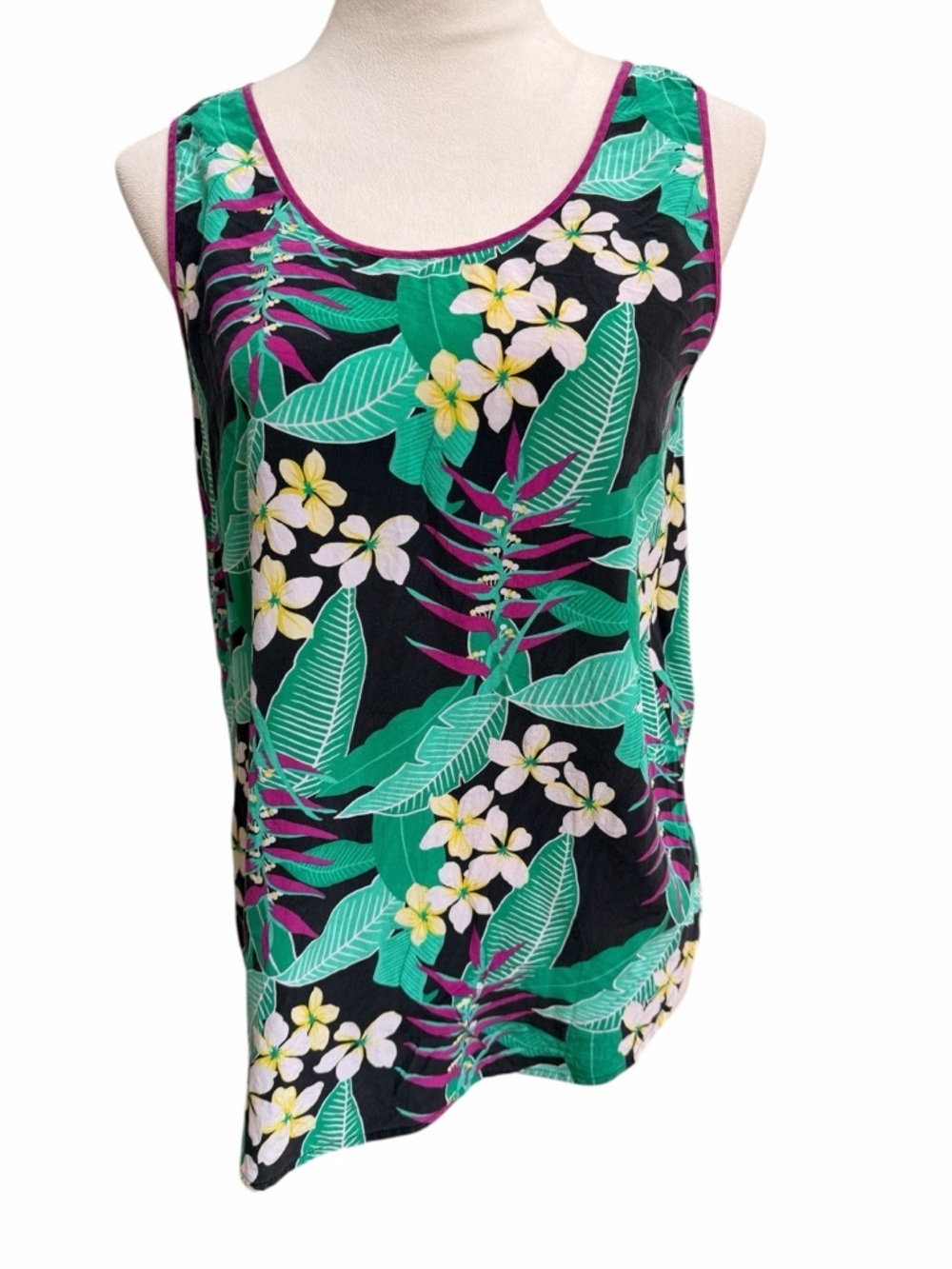 Tommy Bahama Small Silk Women's Tropical Floral Scoop Neck Tank Top Black/Green